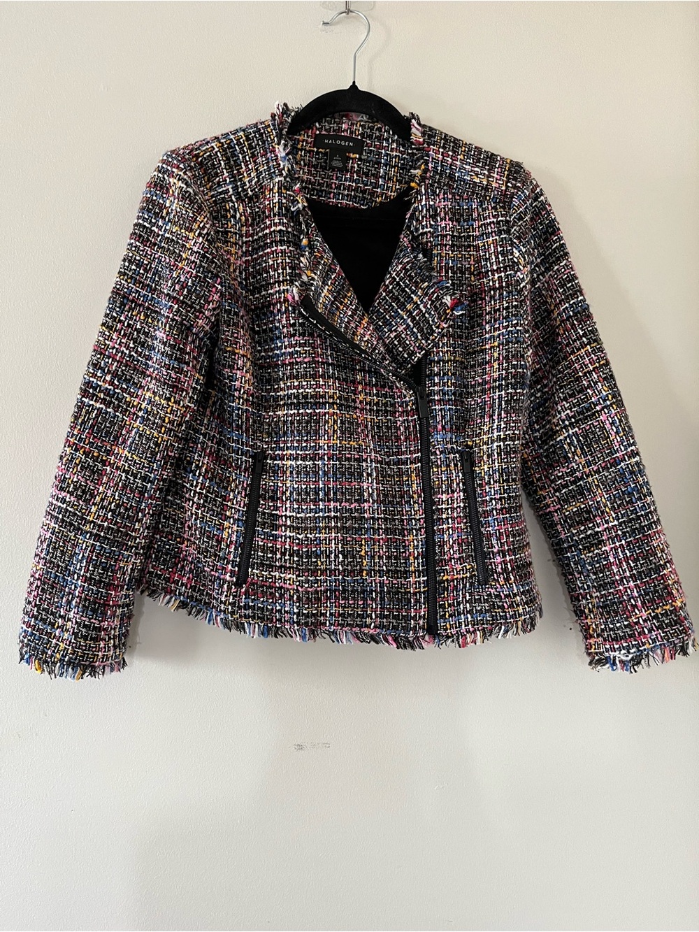 Halogen Black Multicolor Tweed Moto Blazer Jacket Small Petite Fringe Preppy